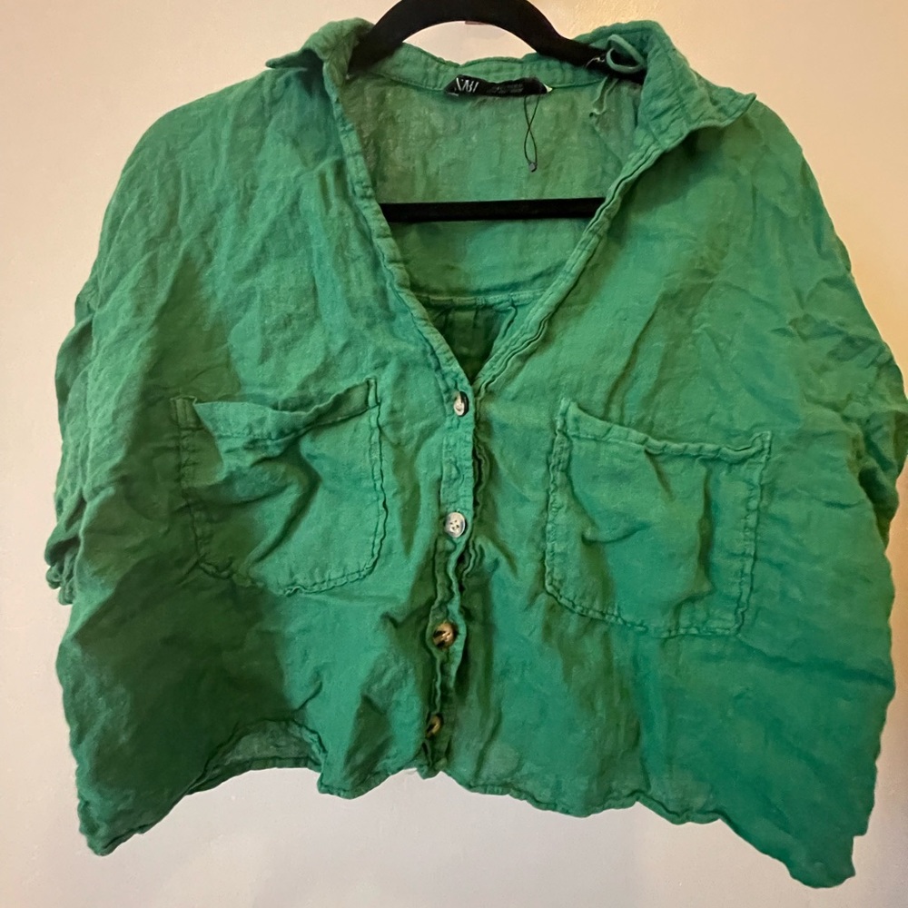 Linen Zara Size L Cropped Short Sleeved Button Down